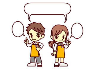 店員、エプロン、指差し