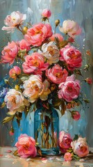 Fototapeta premium A painting of a vase of flowers with a blue background. The flowers are pink and white.