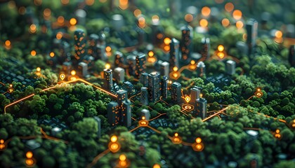 Environmental Impact Assessment, digital map overlaid with icons representing environmental assessments, ecological surveys,