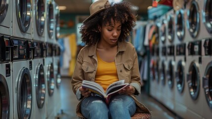 A woman sits on a stool in a laundromat, reading a book while waiting for her laundry. She is dressed comfortably and appears absorbed in her reading. The background features the busy laundromat,
