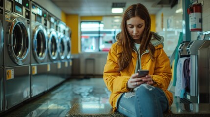 A young woman sits on a bench in a laundromat, scrolling through her phone while waiting for her laundry to finish. She wears comfortable clothing and looks relaxed. The rows of washing machines and