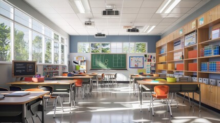 Show the school building with its various classrooms, hallways, and playgrounds. Include details such as students moving between classes, teachers engaged in instruction, and colorful bulletin boards 