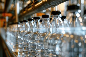 A row of clear bottles with black lids