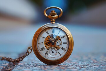 A gold and white pocket watch with roman numerals on the face sits on a stone su