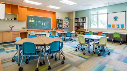 Show the school building with its various classrooms, hallways, and playgrounds. Include details such as students moving between classes, teachers engaged in instruction, and colorful bulletin boards 