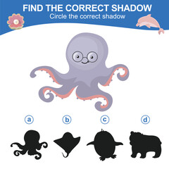 Find the correct shadow. Worksheet for kid. Matching shadow game for children. Circle the correct shadow. Find the correct shadow. Printable activity page for kids