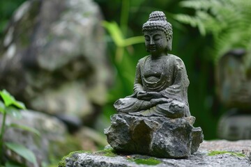 Obraz premium A statue of a Buddha sitting on a rock