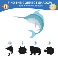 Find the correct shadow. Worksheet for kid. Matching shadow game for children. Circle the correct shadow. Find the correct shadow. Printable activity page for kids