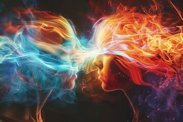 Fototapeta premium Two people with their eyes closed, one with blue smoke