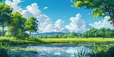 Fototapeta premium Tranquil Summer Landscape with a Pond