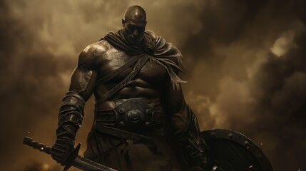 Fototapeta premium Muscular Warrior in Ancient Armor Holding Sword and Shield in a Dramatic Scene