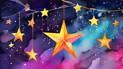 Fototapeta premium Watercolor painting of a yellow star hanging from a branch against a deep blue sky. They come in a variety of shapes and sizes. Calm atmosphere and silence