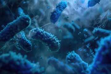 A blue and white image of bacteria floating in the air