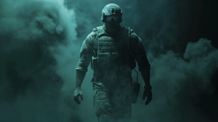 Soldier Emerging from Dense Smoke in Full Tactical Gear