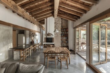Fototapeta premium A large open living room with a fireplace and a table with chairs
