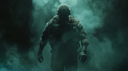 Soldier Emerging from Thick Smoke in Tactical Gear, Ready for Combat
