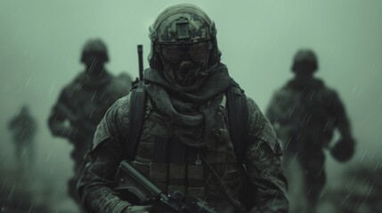 Naklejka premium Special Forces Soldiers in Tactical Gear Emerging from Smoke