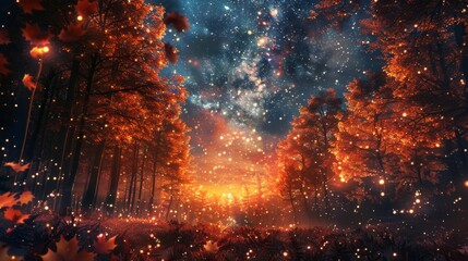 Fototapeta premium Magical Forest with glowing lights and starry night sky. Fantasy forest illustration with magical glow. Concept of magic, dreams, and wonder.