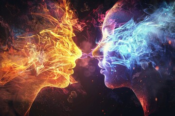 Two faces with fire in their eyes, one is blue and the other is red