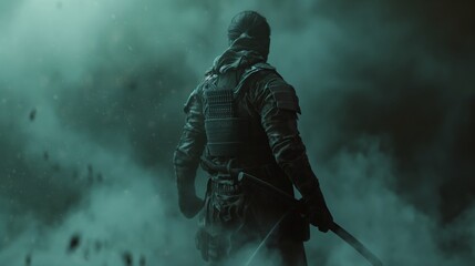 Fototapeta premium Back View of Ninja Warrior in Smoke with Sword Drawn, Ready for Battle