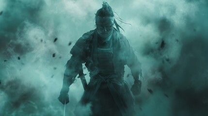 Fototapeta premium Ninja Warrior Emerging from Dense Smoke with Sword Ready for Battle