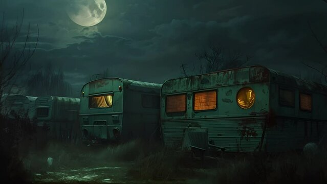 Pushing towards a haunted trailer park under a full moon. For Halloween meme.