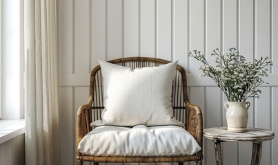 Cushion mockup on vintage white wood dining chair