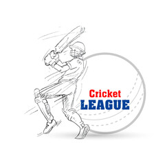 Hand drawing sketch of cricket batsman and logo ball background with cricket League text.
