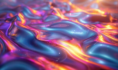 Obraz premium Psychedelic holographic foil texture in modern neon purple, green, orange & metallic hues; optimistic 80s, 90s, 2000s retro futurism panorama.