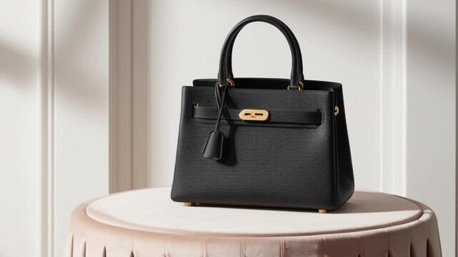 a sleek, black leather handbag with gold hardware, a structured design. 