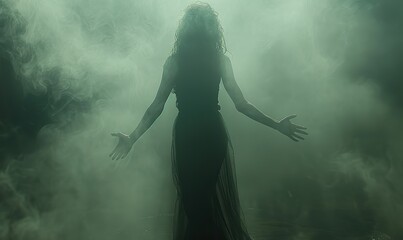 Fototapeta premium A beautiful poster idea: a young woman silhouetted as a witch, dancing in a magical, mystical, and enchanted backdrop, perfect for a fairytale Halloween.