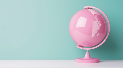 A sleek and modern pink globe, featuring a glossy finish and minimalist design, placed on a white table with copy space. This image conveys a sense of style and sophistication, perfect for