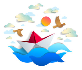 Paper ship swimming in sea waves, origami folded toy boat floating in the ocean with beautiful scenic seascape with birds and clouds in the sky, vector illustration.