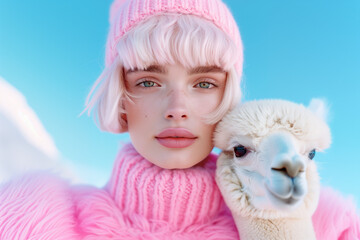 Fototapeta premium Stylish woman in a pink knit sweater and hat, posing closely with a white alpaca. Winter fashion meets whimsical companionship.