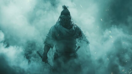 Fototapeta premium Ninja Warrior Emerging from Thick Smoke with Dual Swords