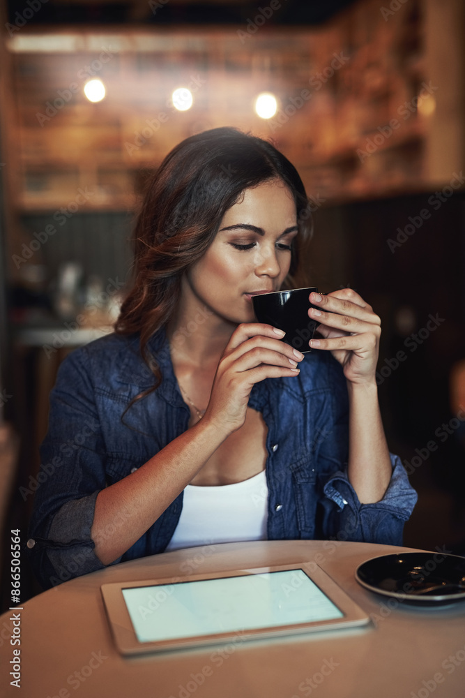 Sticker Woman, drinking and coffee with tablet in cafe, digital screen and mockup for browsing online on social media or news. Relax, connection and freelance blogger with tech, restaurant and hot beverage