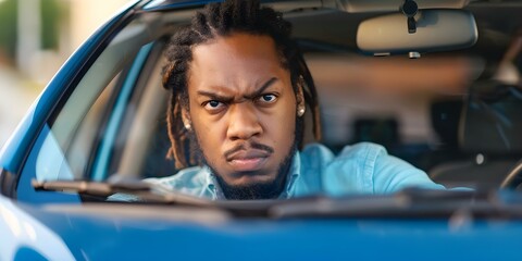 Photo of frustrated darkskinned man with cornrows driving blue car in traffic. Concept Frustrated Driver, Traffic Jam, Dark-skinned Man, Cornrows Hairstyle, Blue Car