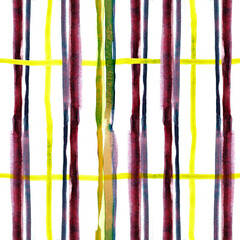 Seamless pattern with watercolor hand drawn blurry vertical stripes in purple and yellow colors. Abstract geometric background in artistic paint streaks. Design for covers, packaging, textile.