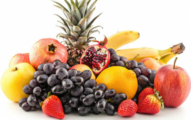 Fruit display, with pineapples, apples and bananas on the left side of the picture, red grapes in front. Created  with Ai