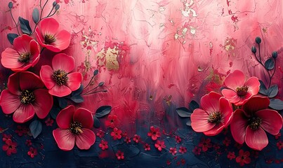 A chic bohemian illustration featuring a pink and red palette with gold foil touches showcases abstract, textured botanical and floral motifs on a pastel background.