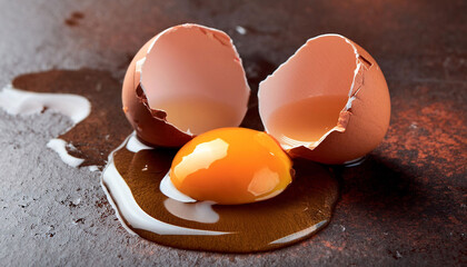 Egg with cracked shells, egg yolk spilling out onto the black surface, food, breakfast, baking.