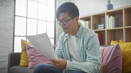 A young asian man reading a document with concern in a cozy, modern living room setting. - Powered by Adobe