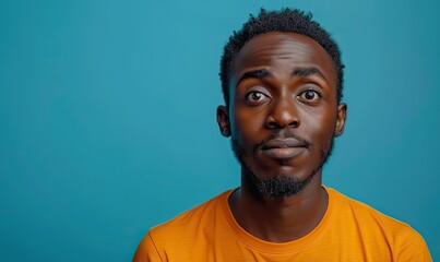 Obraz premium Confused and puzzled African American man in orange top isolated on blue backdrop, with ample space for text.