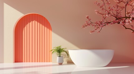 A serene spa space with a warm orange palette, designed with a minimalist touch and providing generous copy space for text or graphics.