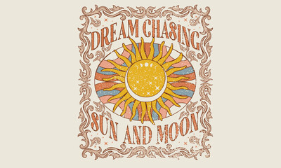 Rainbow line artwork. Dream chasing . sun moon.  Flower artwork for t shirt print, poster, sticker, background and other uses.
