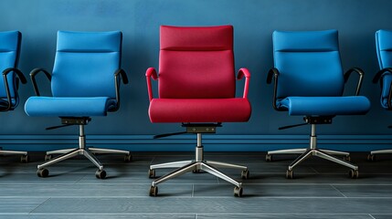 Fototapeta premium a red office chair stands out in the middle of blue chairs against a dark background, concept of women leader 