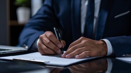 Close-up of a businessman in a suit signing a document at a desk
