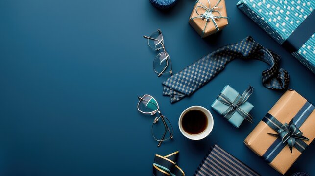 Elegant Father's Day Greeting Card Design with Blue Patterned Necktie, Glasses, Coffee, and Gift Box Elements. Perfect Festive Background for Holiday Celebrations and Banner Creations.