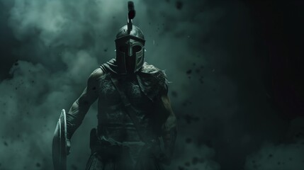Fototapeta premium Determined Spartan Warrior in Full Armor with Shield Emerging Through Smoke