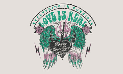 Everything is possible. Love is real. Heart with knife artwork, Eagle wing vector t-shirt design. America eagle rock and roll poster design. Music festival artwork. Rose. Freedom music tour.